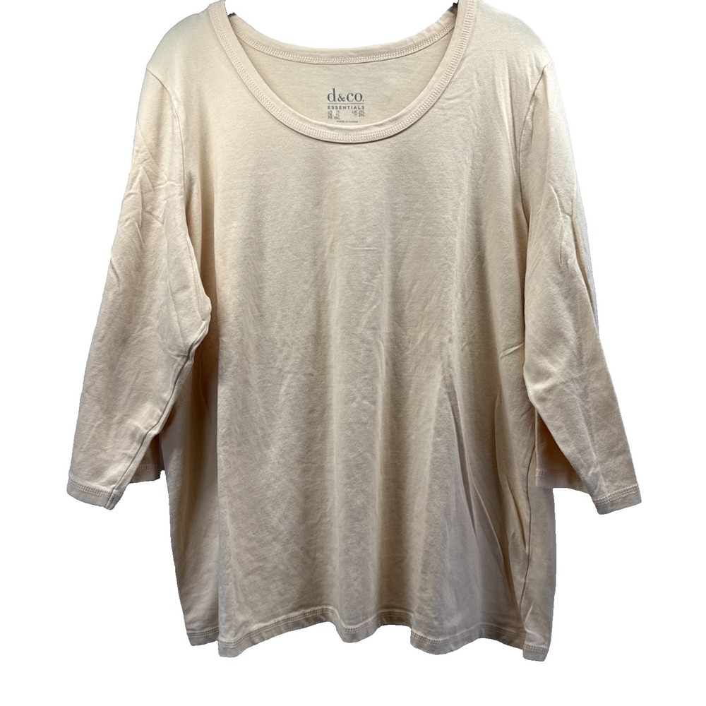 Denim & Co Women's Top Size 1X Plus Solid Beige 3/4 Sleeve Cotton Blend Pullover